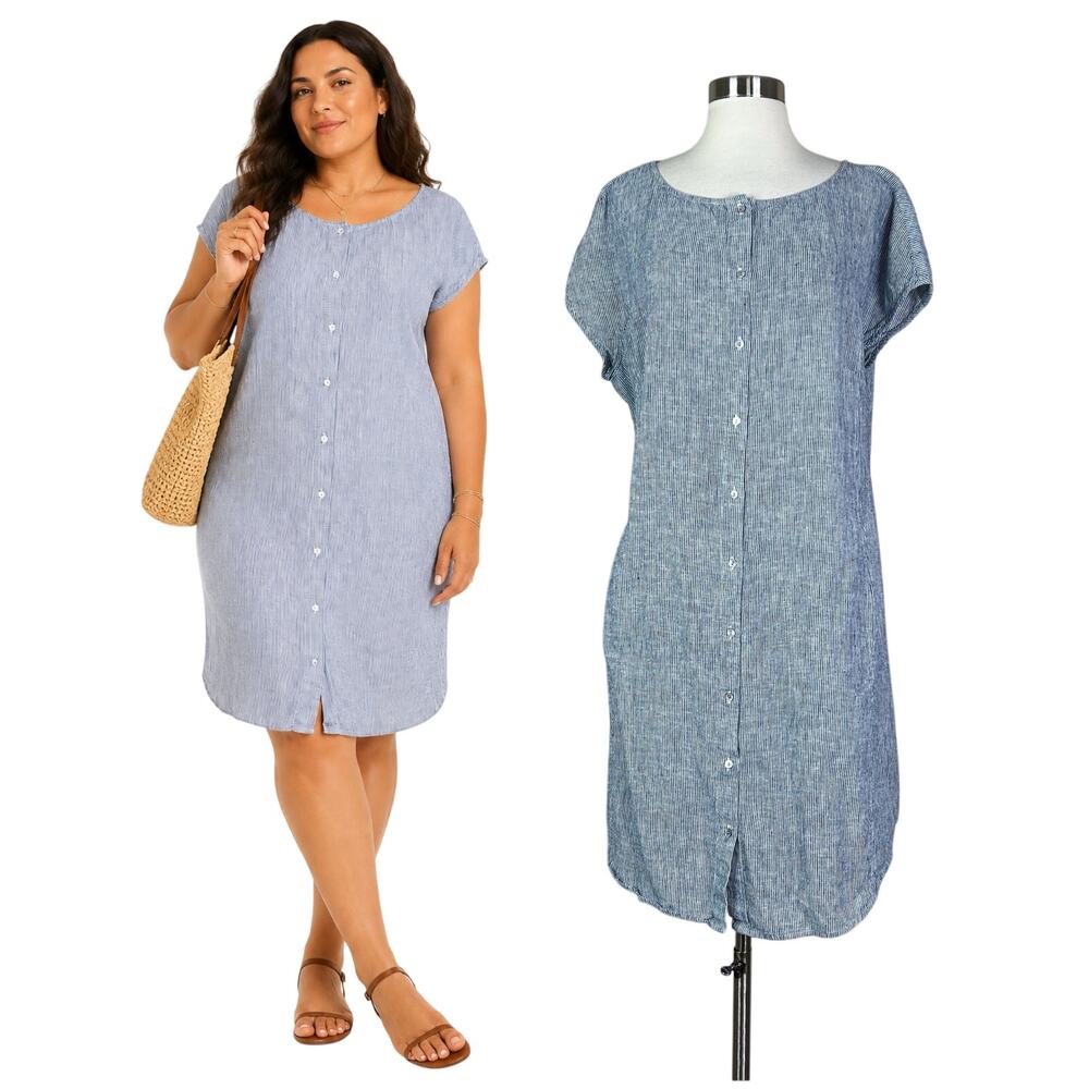 Eileen Fisher | Woman Organic Cotton Hemp Stripe Button Front Dress Plus Size 1X